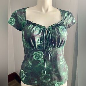 SHEIN 2XL stretchy emerald green rose short sleeve peasant top